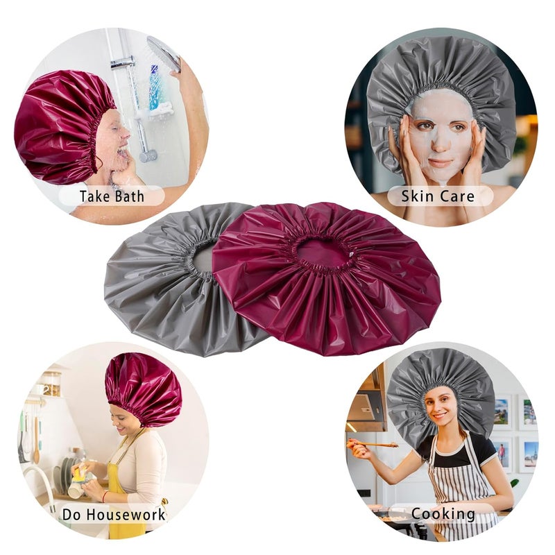 CHFONG Jumbo Size Shower Cap 2 PCS Waterproof Shower Caps for Women, Extra Large Shower Cap, Reusable Super Large Bath Caps Hair Cap for Long Thick Curly Hair, Locs, Twist Braids - Grey+Purple-red - Image 3